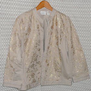 Chico's size 3 Fancy Jacket Khaki Beige with Gold Lace Sparkle XL, 14